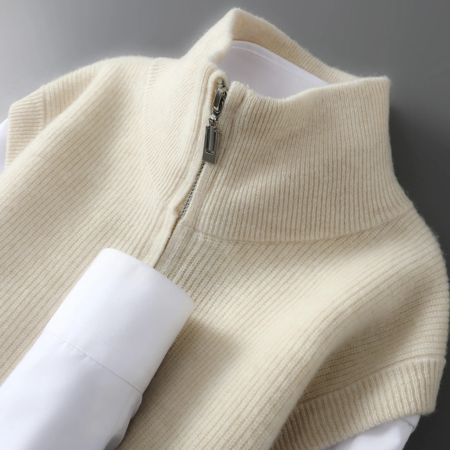 Autumn And Winter 100% Wool Sweater Men\'s Vest Zipper Vest Half Turtle Neck Youth Cardigan Vest Bottoming Shirt