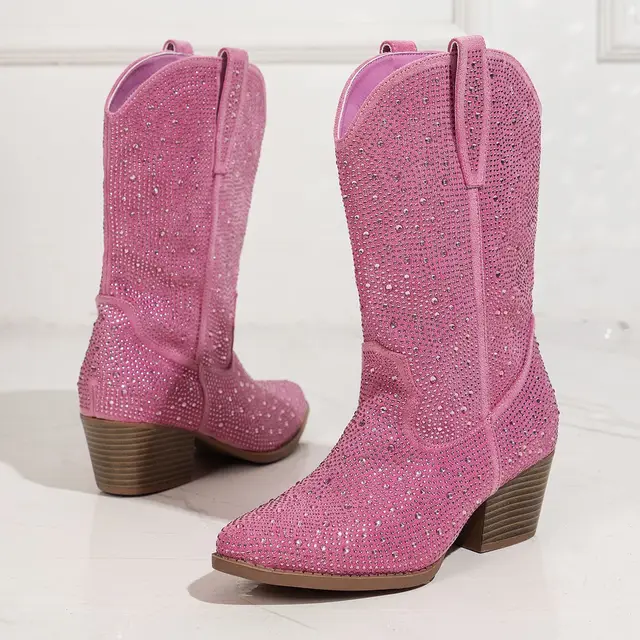 Botas altas de lujo con diamantes de imitación para mujer, botas de vaquero del oeste Retro a media pantorrilla de talla grande, zapatos de cuña con punta estrecha a la moda, novedad de 2026