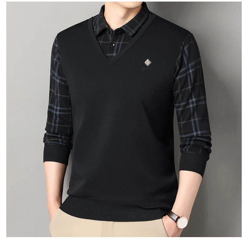 Herren Plaid Pullover Fleece Pullover Slim Fit Elegante Luxus Marke Gefälschte Zwei Stücke Gestrickte Pullover – Detail 14