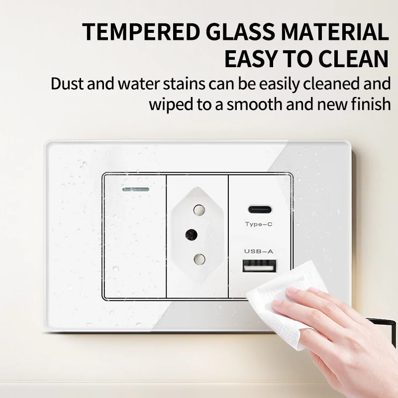T&I Type-C USB Wall Socket- Package with Tempered Glass Panel for Brazil Standard Including 3gang Wall Switch for Convenience