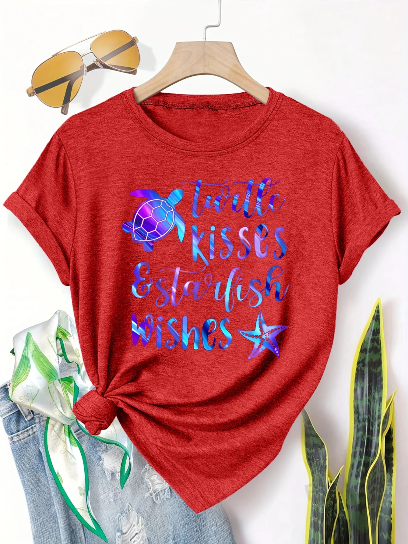 

Plus size women's short sleeve T-shirt Turtle Kisses Starfish Wishes Everyday comfortable and versatile style summer outfits