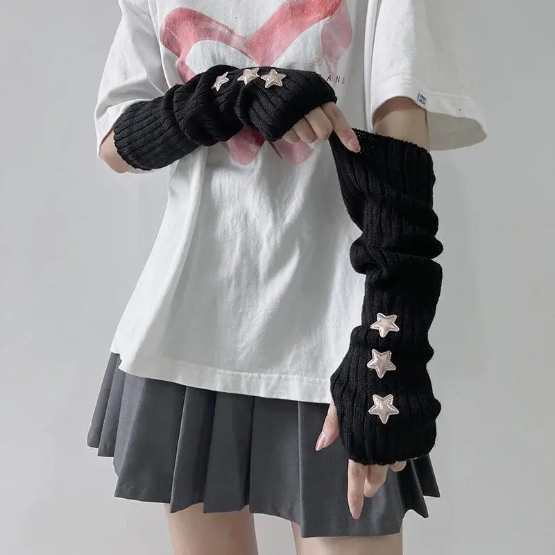 1 Pair Of Ladies' Fingerless Gloves With Star Decoration White/Black/Gray/Green Machine Washable Fashionable Accessory Gloves