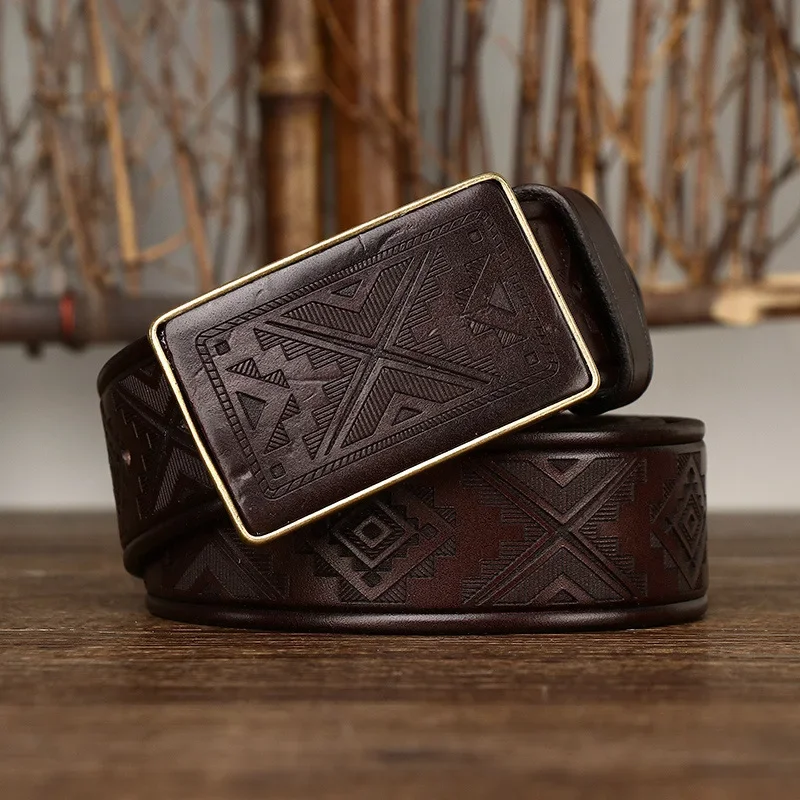 

Vintage Carved Leather Belt for Men with Smooth Buckle, 3.8CM Casual Jeans Cowskin Waistband