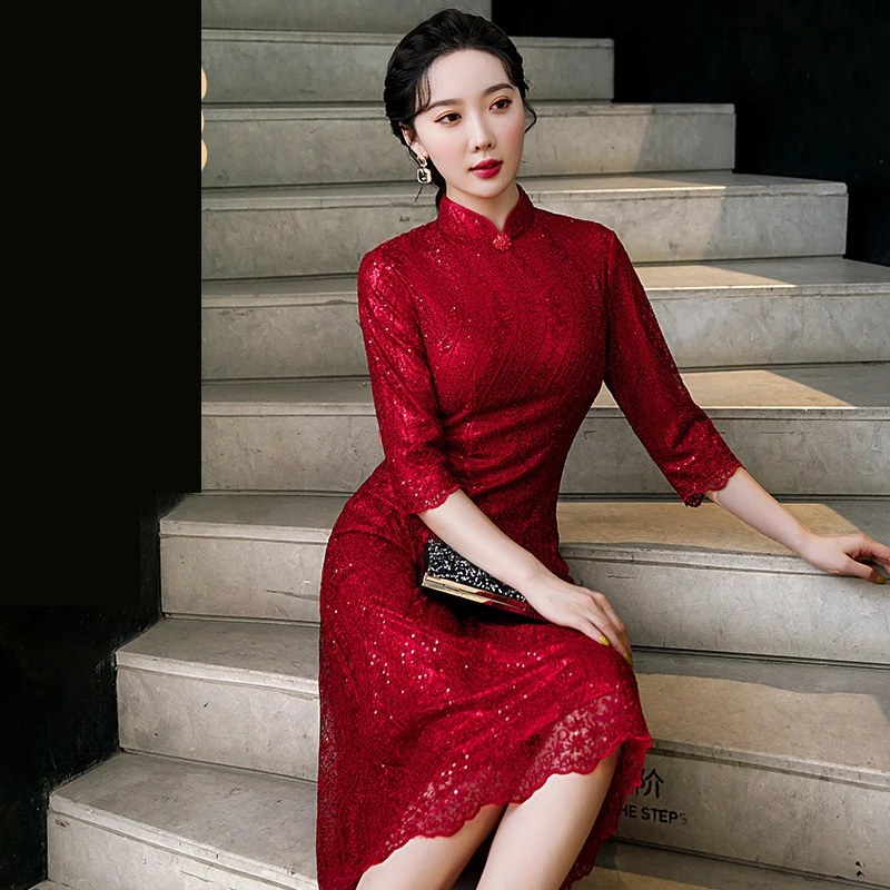 

Yourqipao 2024 Autumn and Winter Chinese Wedding Toast Qipao Red Lace Cheongsam New Year Skirt