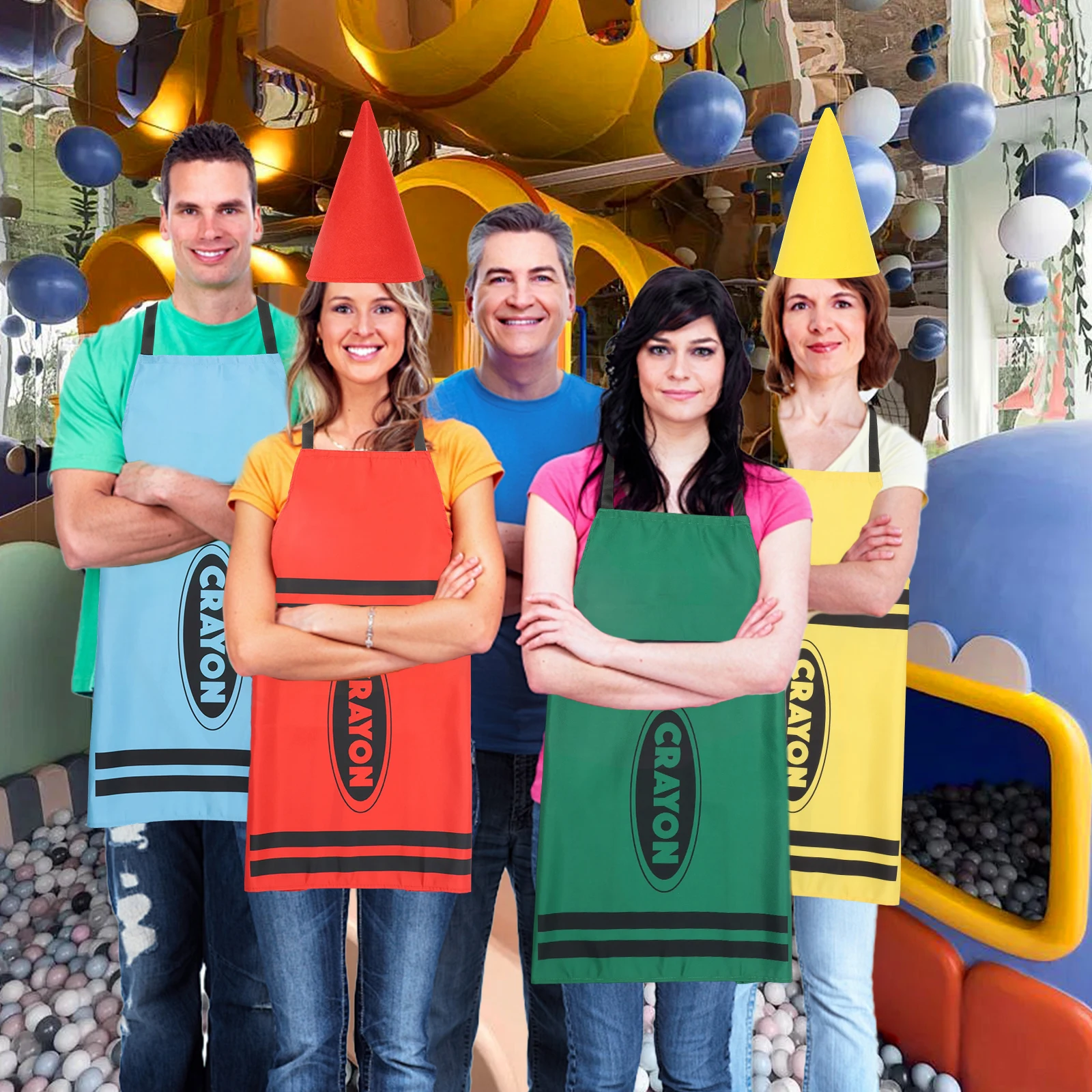 7Pcs Crayon Apron Costume Set 7 Colors Fancy Crayon Apron and Funny Cone Hats Costume Set for Adults Family Halloween Party