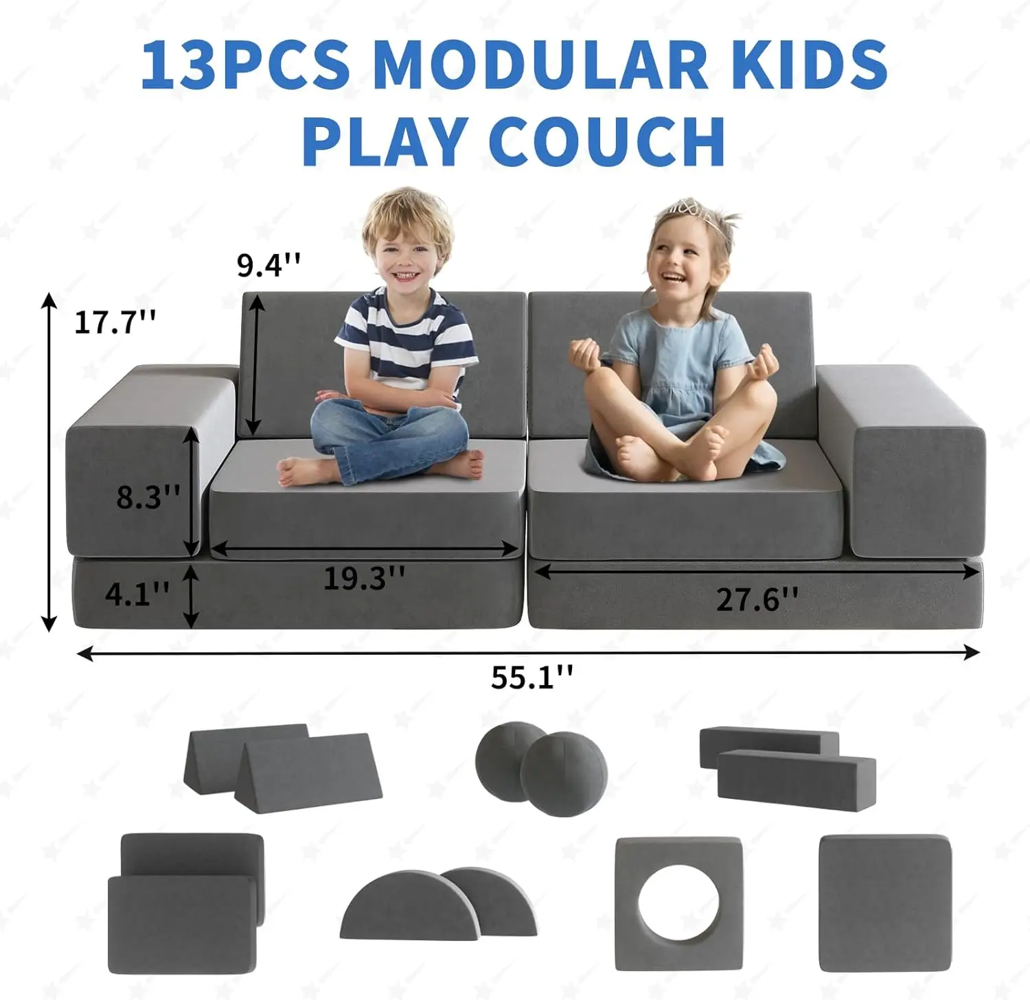 Toddler Couch with 2 Balls and Tunnel, Modular Kids Couch for Playroom, Kids Play Couch for Kickball Game, 30+