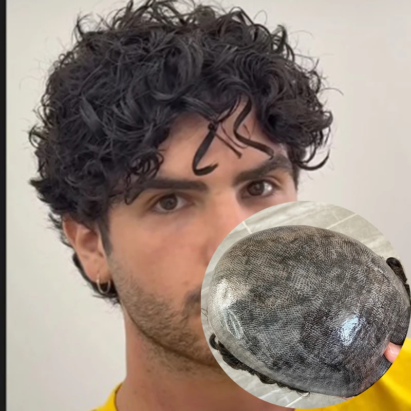 

Мужской 26 мм натуральный вьющийся коричневый черный парик из 100% человеческих волос, сменный капиллярный протез, прочный микрокожа, полиэтилен, легко носить