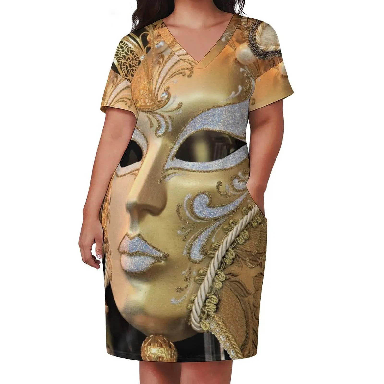 Venetian mask, gold / white Loose Pocket Dress dresses for official occasions Prom gown summer women