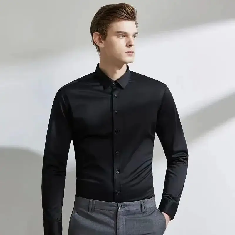 Men's Long Sleeve Elastic Shirt Non-Ironing Business Dress Special Wide Fit Fleece Lined Thickened  Collar Autumn Wear