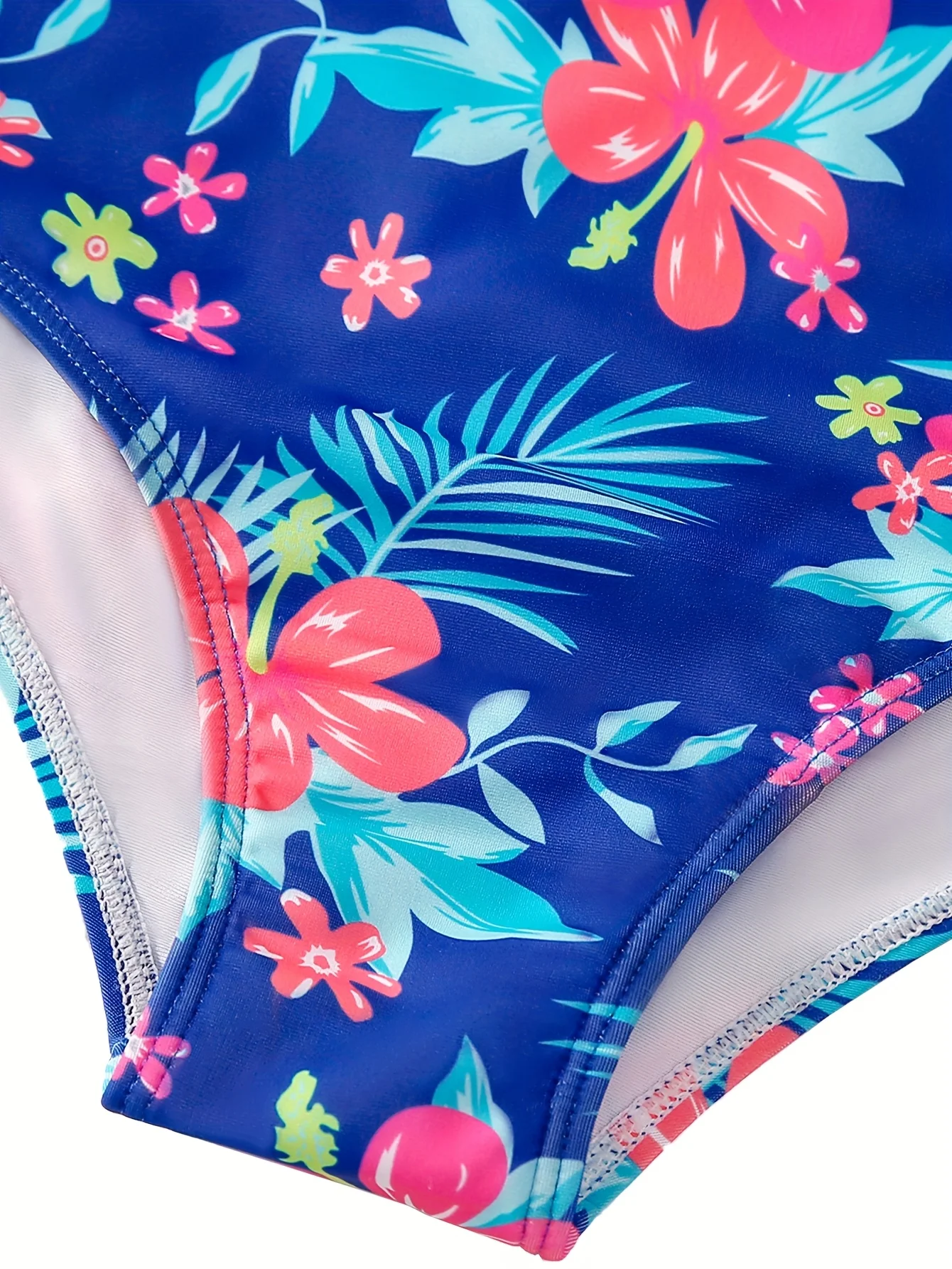 Girls Tropical Hibiscus Floral  Long Sleeve Swimsuit Zipper Front Quick Dry Bathing Suit for Beach Pool Vacation