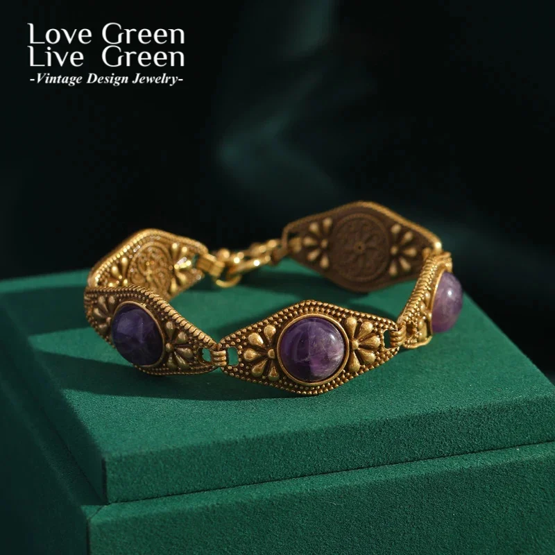 

Vintage Antique Purple Bracelet Made Of Natural Stones Bangle Copper Gold Color Round Evil Eye No Fade Jewelry Trends 2025