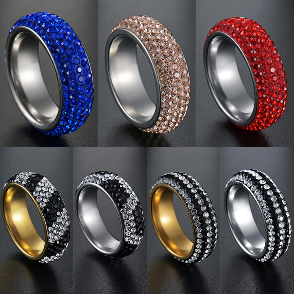 Hot Sale Trendy Women Ladies Wedding Rings 5 Row Blue Black Red Clear Crystal Gold And Silver Plated Fashion Finger Ring Jewelry