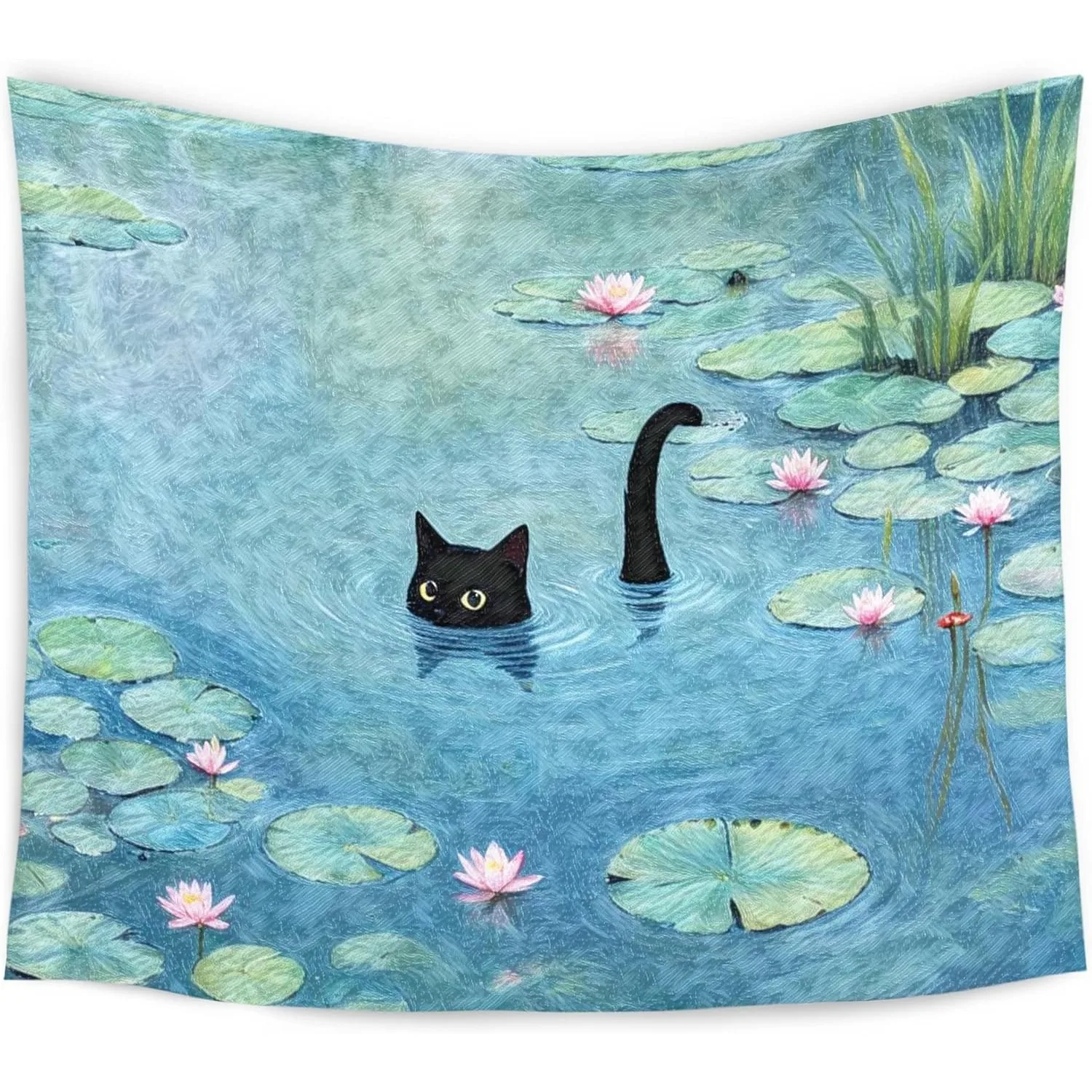 Water Lily Pond Black Cat Tapestry, Wall Hanging Backdrop for Home Decor, Perfect for Bedroom Dorm Living Room
