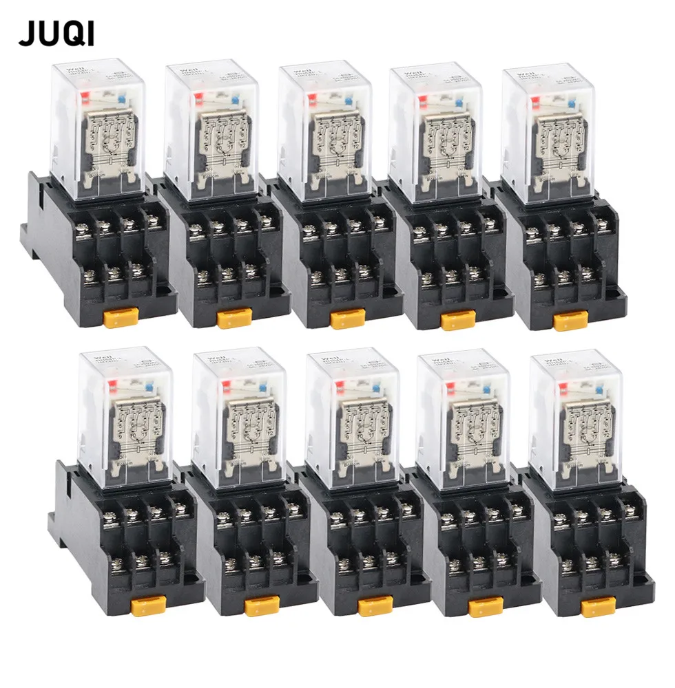 

10 set MY4NJ NEW small Electromagnetic Power Relay HH54PL AC12V 24V 36V 48V 110V 220V 380V Coil 4NO 4NC DIN Rail 14 pins + Base