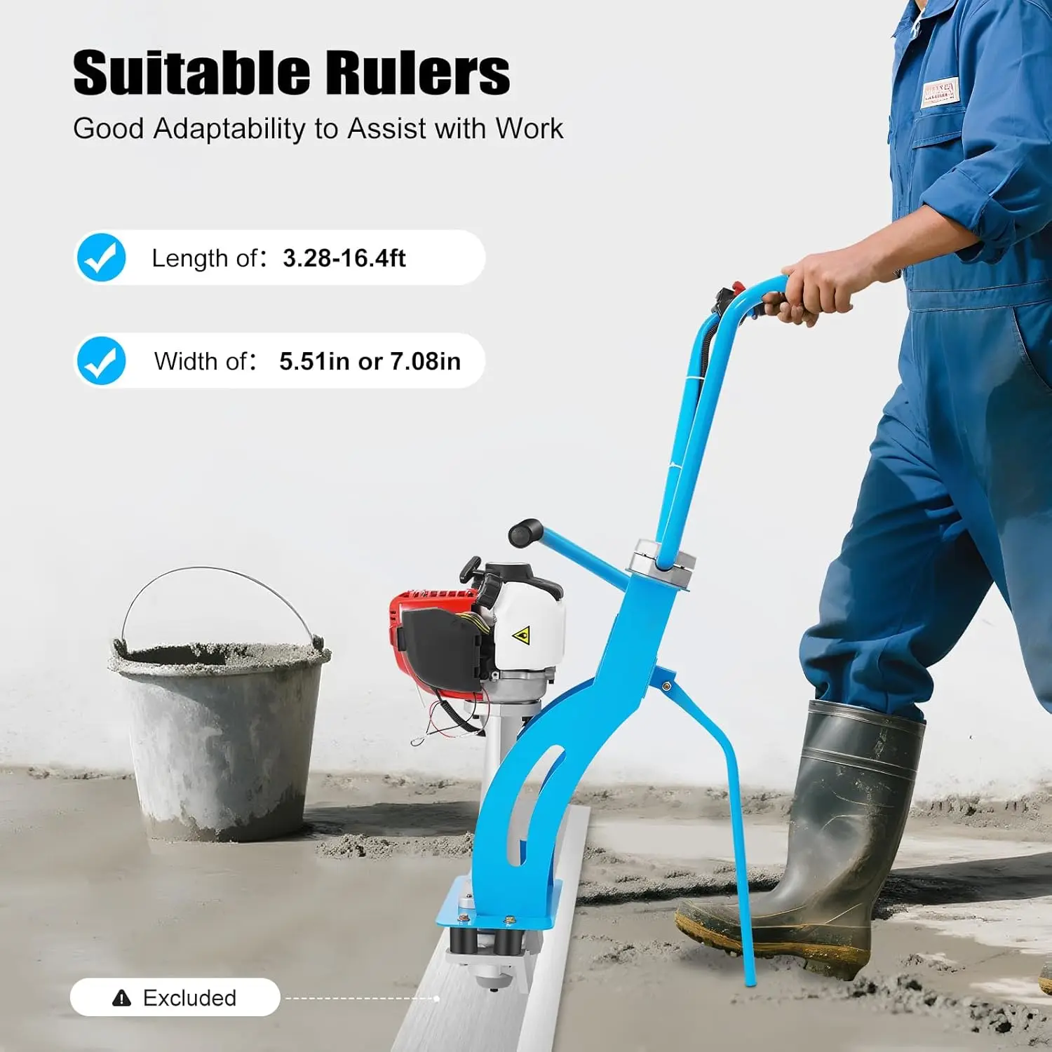 เครื่องฉาบปูนคอนกรีตแบบใช้แก๊ส 35.8 ซีซี พร้อมเครื่องยนต์ 4 จังหวะ, เครื่องฉาบปูนแบบสั่นสะเทือน แรงสั่นสะเทือน 573 ปอนด์, 9500-10000 วิบ/นาที (ไม่รวมไม้บรรทัด)