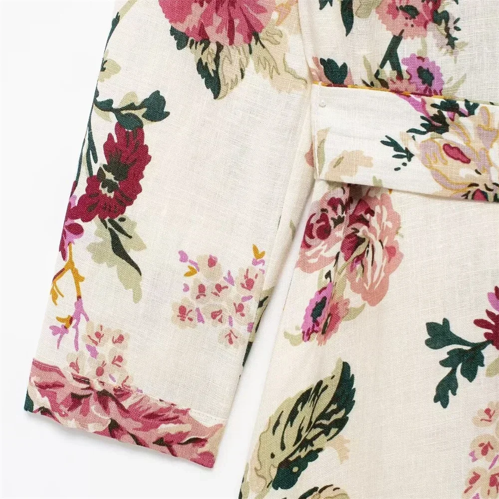 فستان نسائي طويل الأكمام مع حزام ، قميص كتان ، مطبوع ، غير رسمي ، جديد ، ياقة ، خريف ،