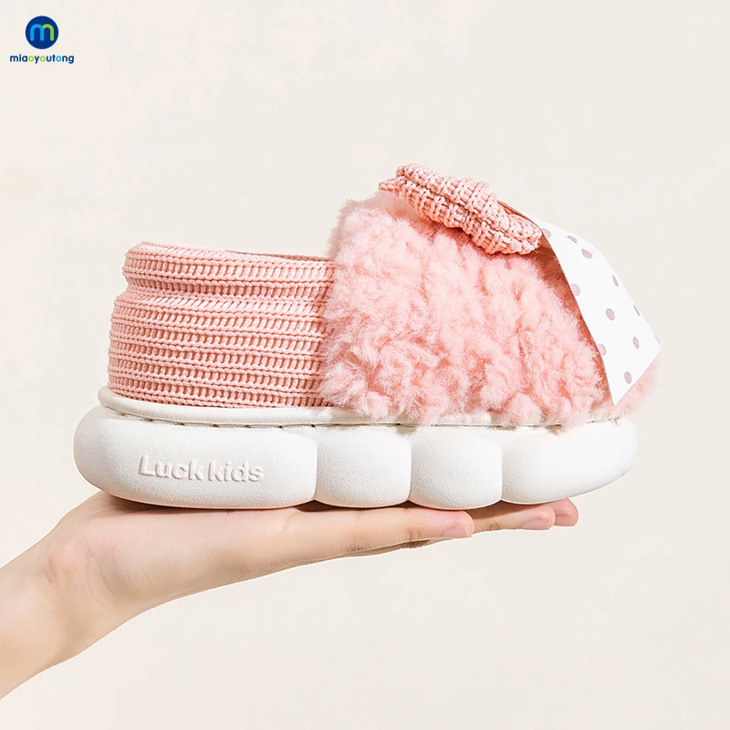 Winter Cute Children's Bow Tie Warm Plush Slippers Soft Sole Non-slip Baby Girls Indoor Home Heel Wrap Cotton Shoes Miaoyoutong