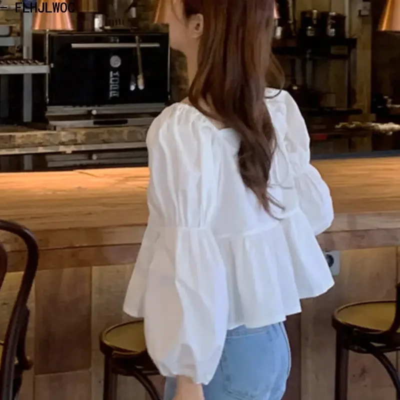 Chic Korea Vierkante Hals Tops Blusas Vrouwen 2025, Lente Leuke Japan Meisjes Effen Kleur Wit Een Lijn Buik Peplum Korte Shirts Blouses