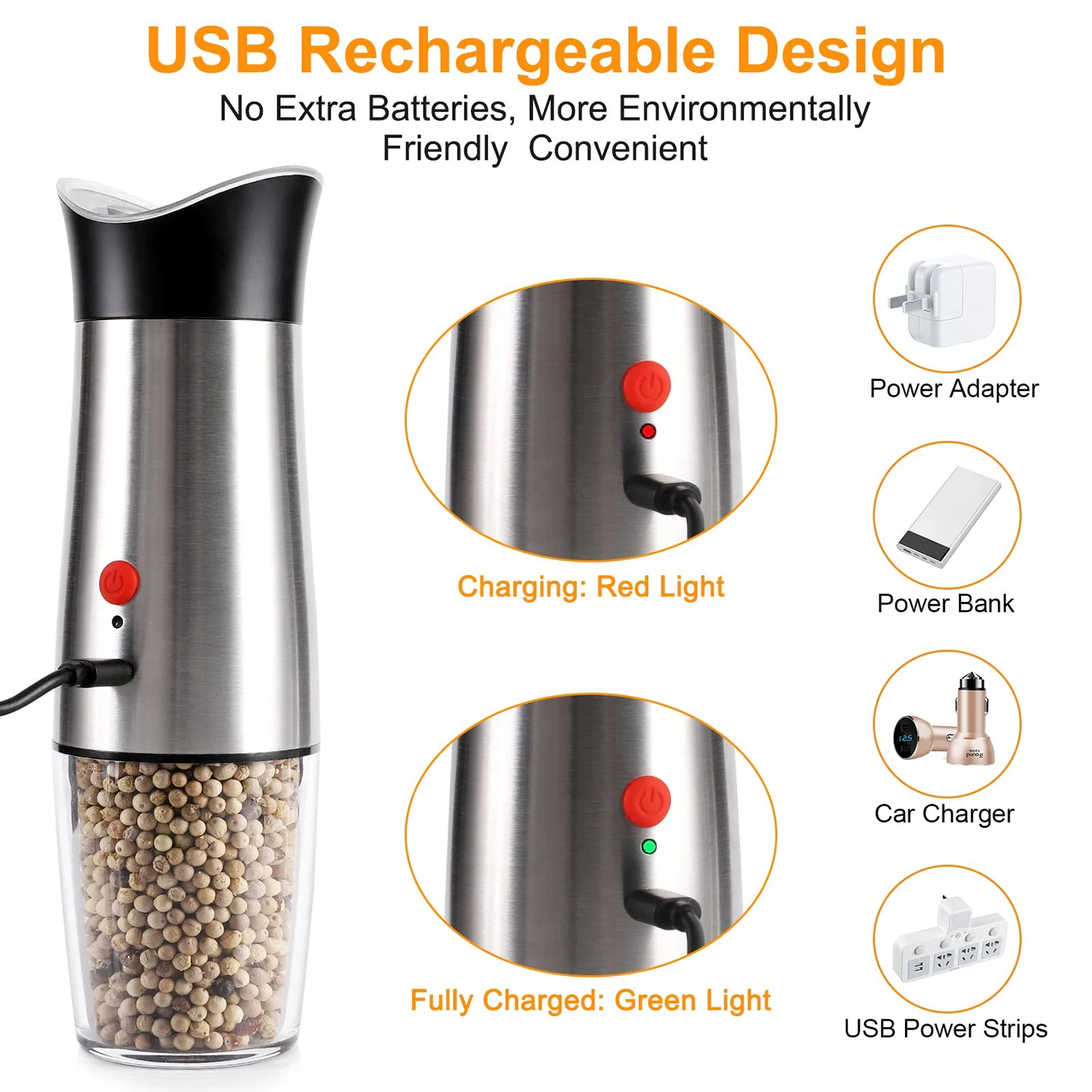 USB Charging Salt and Pepper Grinder Set Gravity Operation Spice Seasoning Mill Shaker Adjustable Coarseness Stainless Steel