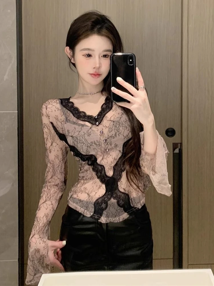 Sexy Y2k Aesthetic Vintage Printing Blouse Slim Streetwear Lace Patchwork Harajuku Shirts Women Beading Grunge Trendy Crop Tops