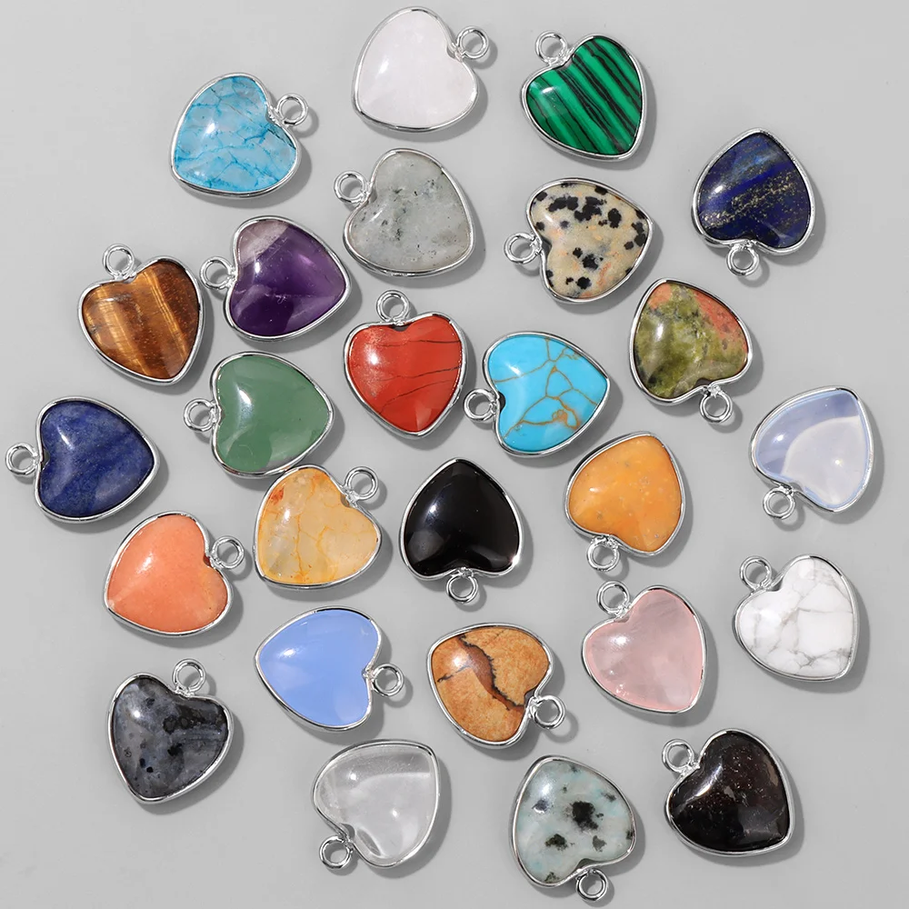 5PCS Love Heart Shape Stone Pendant Natural Stone Healing Quartz Crystal Charms for DIY Necklace Bracelet Jewelry Making 15mm