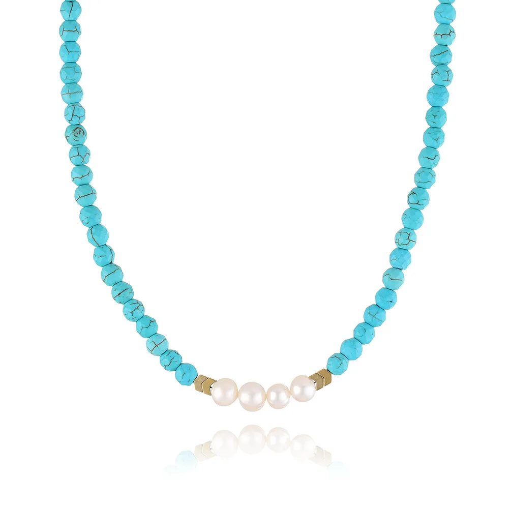 2022 New personality natural freshwater pearl necklace simple design Bohemian turquoise clavicle necklace wholesale