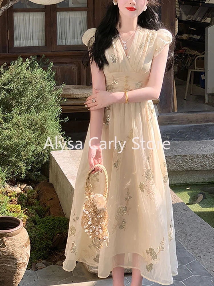 Elegant Vintage Sequined Embroidery Dress Women Sexy V-neck Party Long Fairy Dress Female Casual Petal Sleeve Korean Slim Dress
