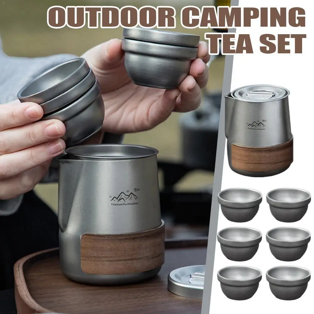 7Pcs Portable Stainless Steel Tea Set Double-Wall Heat Resistant Teapot With 6 Cups Travel Infuser Tea Maker For Camping Cup Set