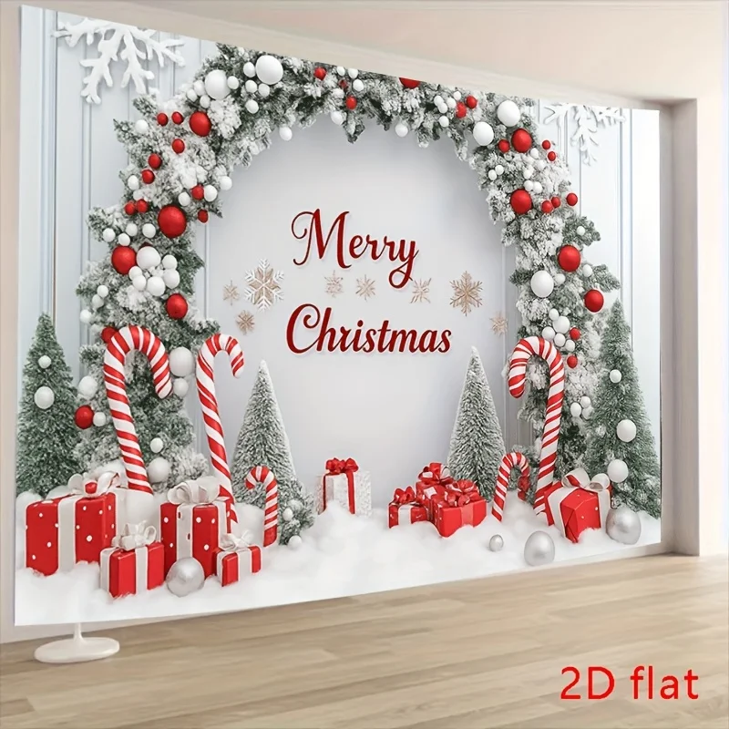2D Flat, 1pc Snowy Pine Christmas Tree Cane Candy Gift Box Snowflake Decor Theme Polyester Tapestry, Suitable for Living Room Be