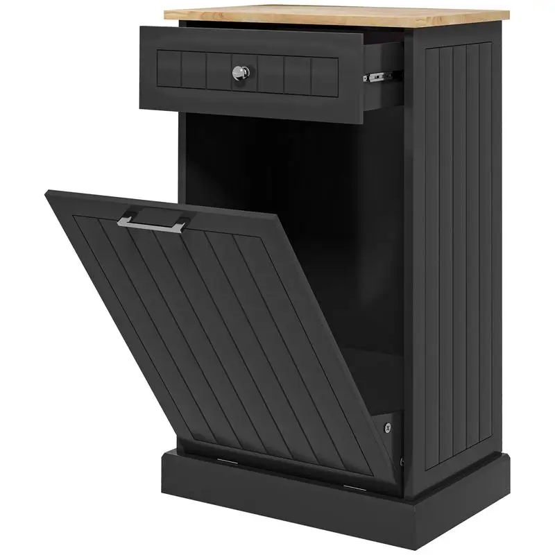 

Free Standing Tilt Out Trash Bin Cabinet with Drawer, Black Recycling Holder