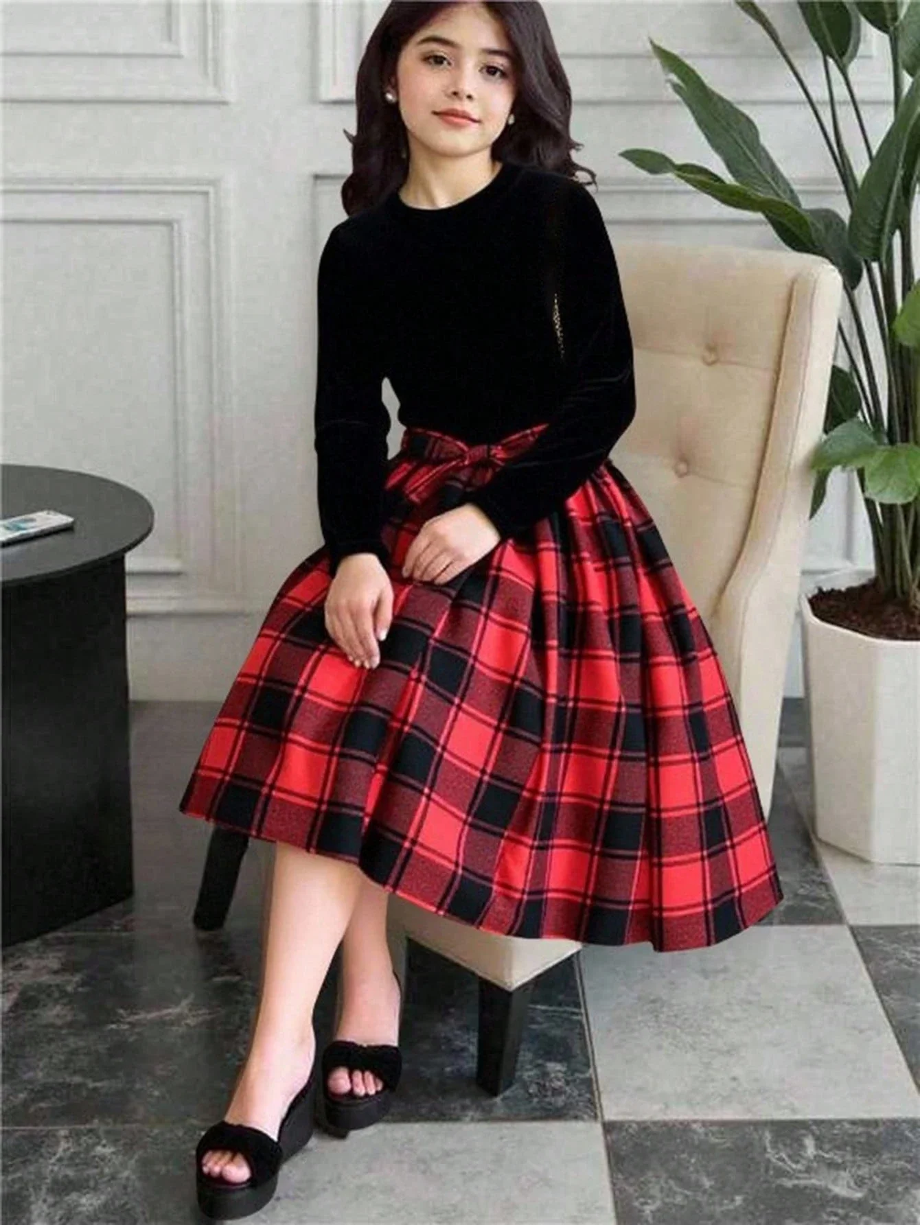 

Черное бархатное платье А-силуэта с длинными рукавами, в клетку, с бантом на талии, для женщин