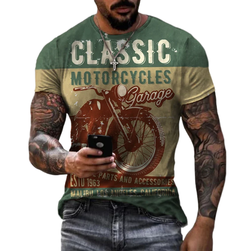 2022 Summer Vintage Men\'s T Shirt 3d Retro Motorcycle Oversized Tshirts For Men Clothing Biker Racing T-shirts Motor Tees Tops