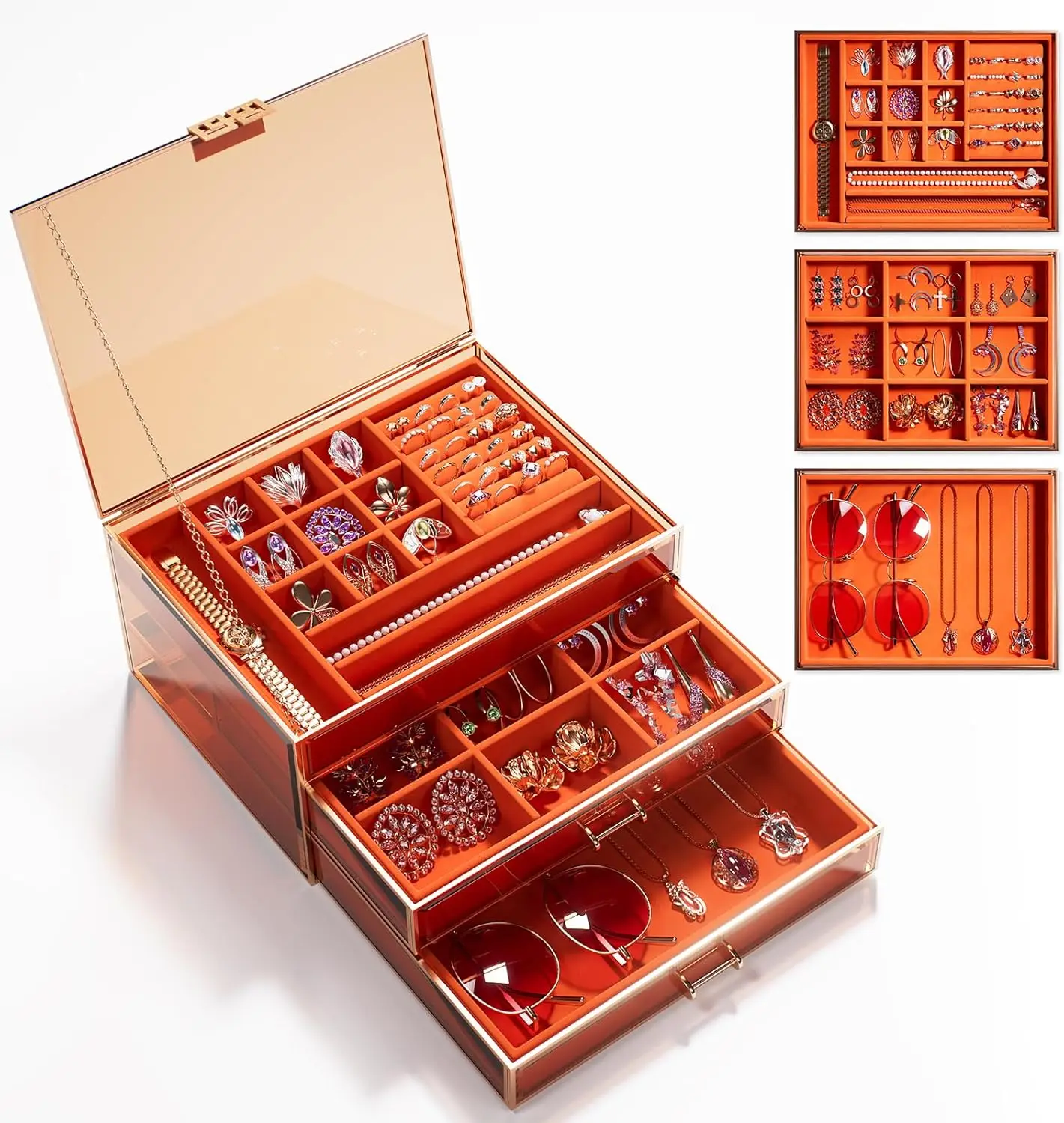 

3-Tier Glass Jewelry Organizer with Velvet Lining - Adjustable Compartments for Rings, Earrings & More