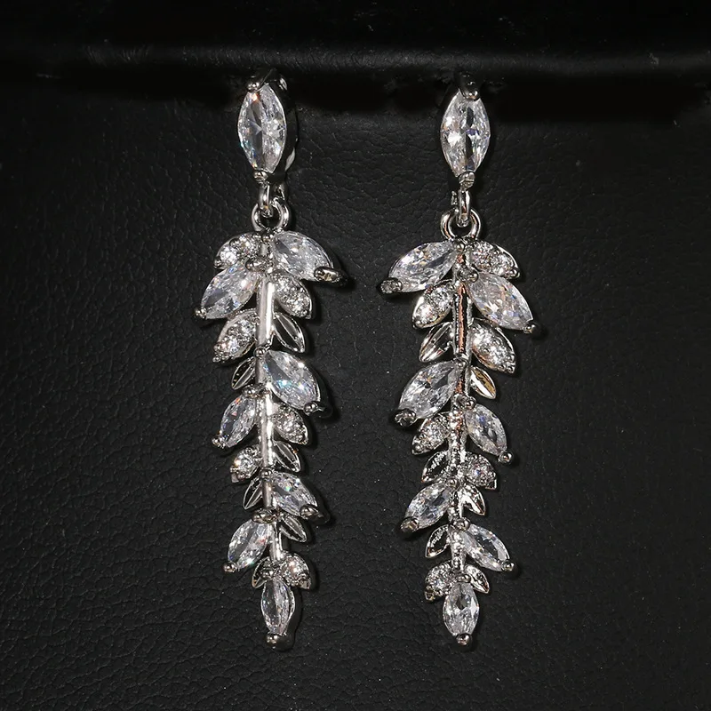 Europe and the United States cross-border hot-selling, tassel leaves long zircon earrings female Temu cross-border foreign