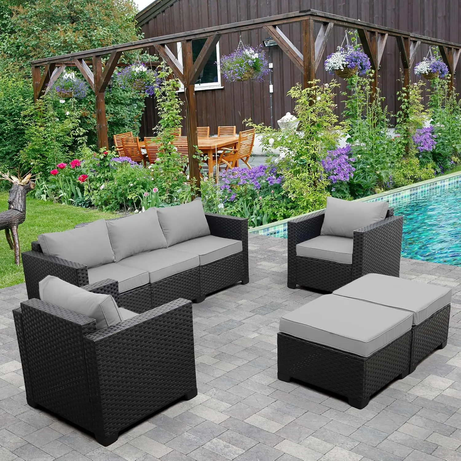 Outdoor Wicker Furniture Couch Set 5 Pieces Patio Furniture Sectional Sofa with Grey No-Slip Cushions and Waterproof Covers