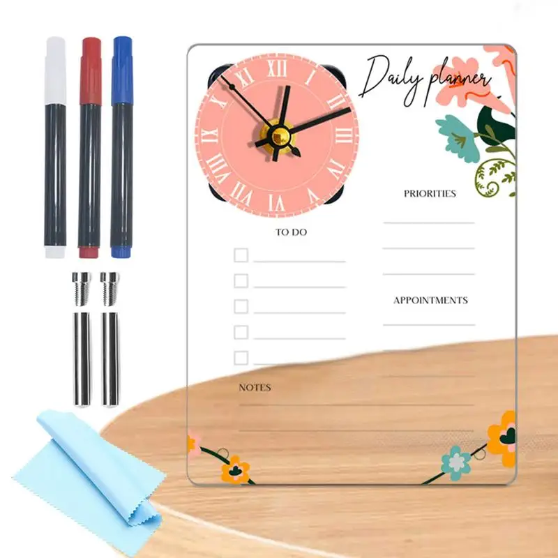 Desktop Erase Board Vertical Desk Note Board Clear Desk Planner Board Acrylic Desk Reminder Board With Clock Creative For