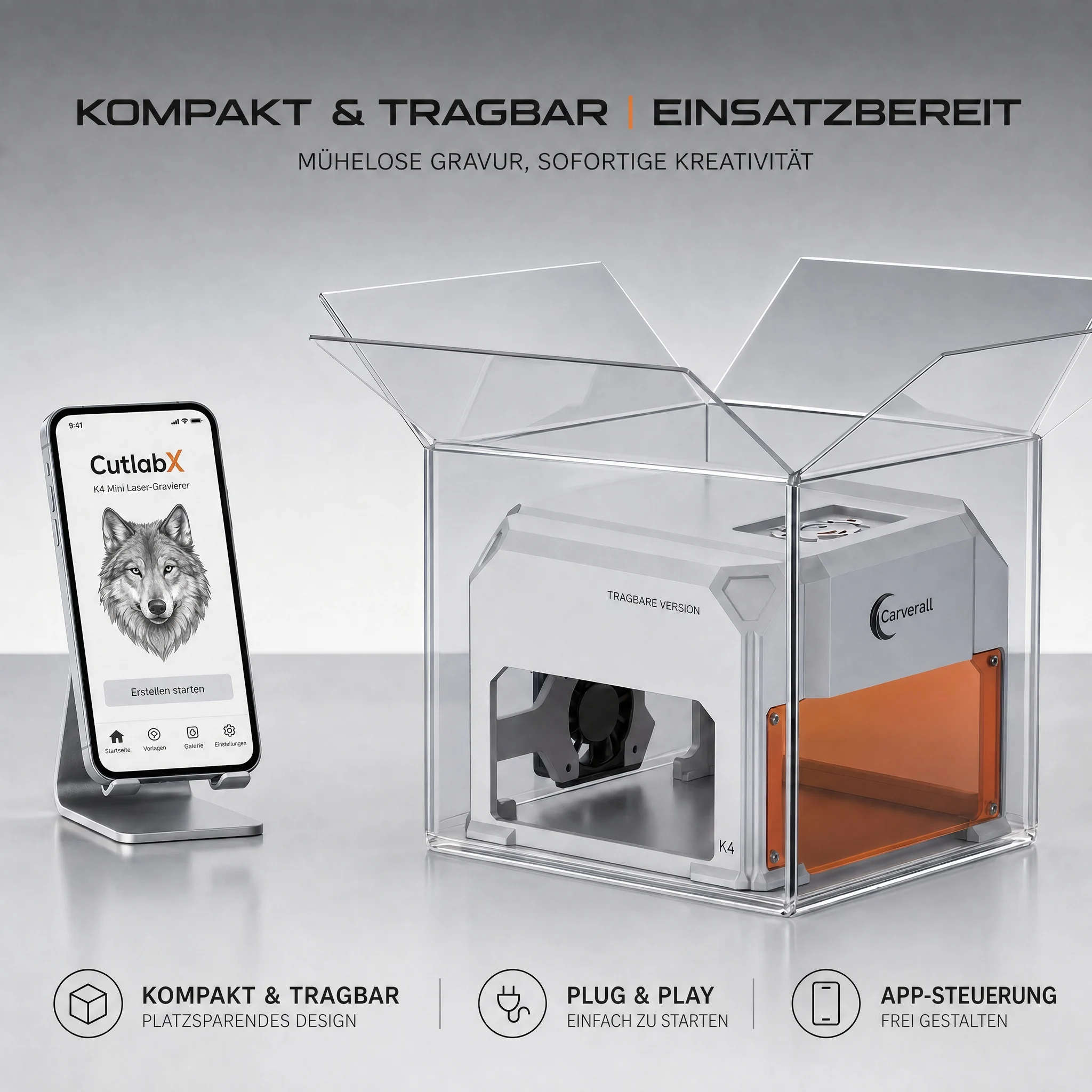 Carverall K4 3W Lasergravierer, Tragbare Mini-Graviermaschine mit WiFi-App-Steuerung und USB, 80 x 80 mm, Bis zu 0,01 mm Präzision, für Holz, Bambus, Leder, Papier, Karton, DIY-Geschenke, Einsteigerfreundlich – Detail 3