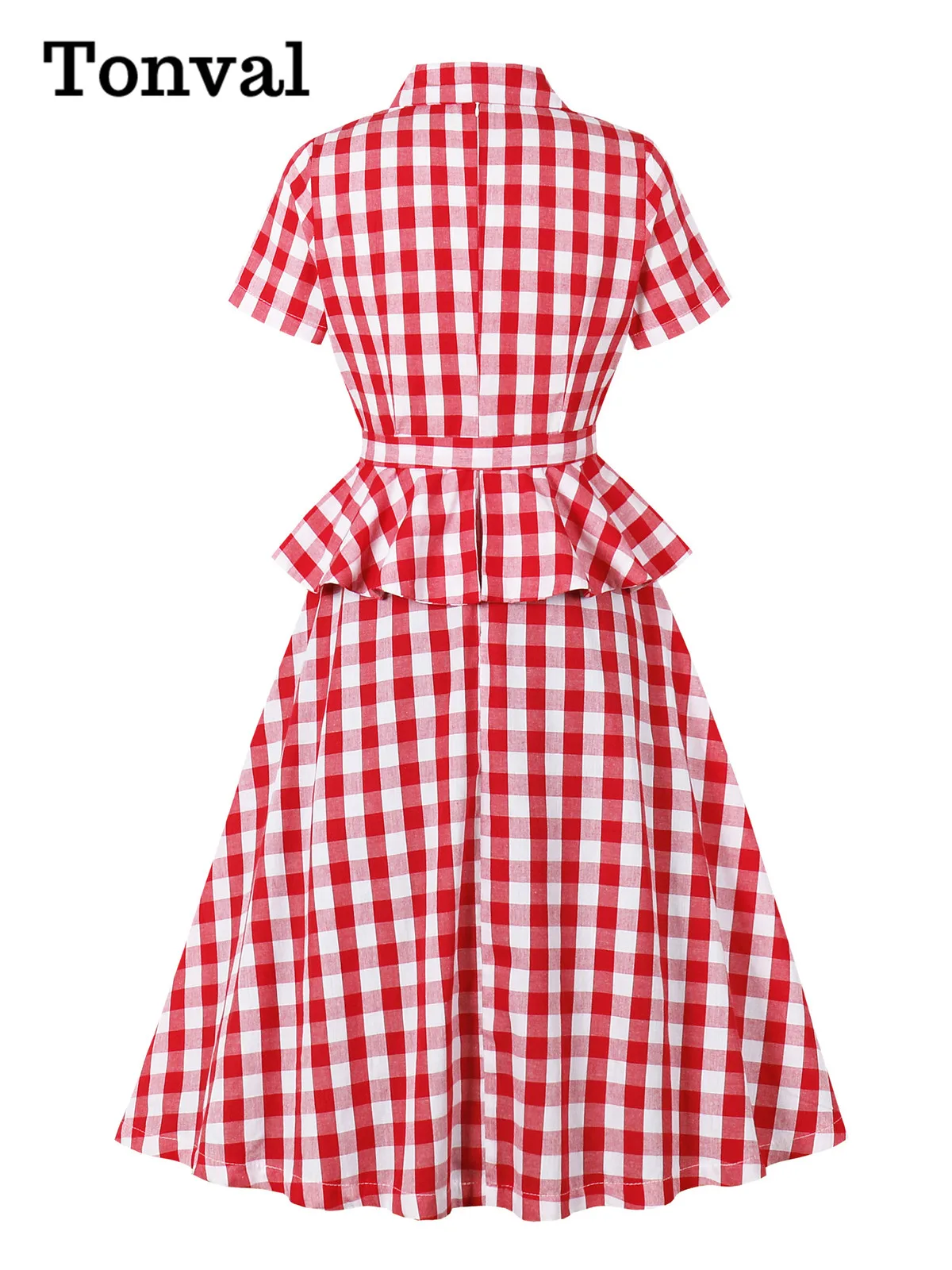 Tonval Elegant Red Gingham Cotton Midi Dresses for Women Notched Collar Buttons Belted 1950s Vintage Plaid Peplum Dress