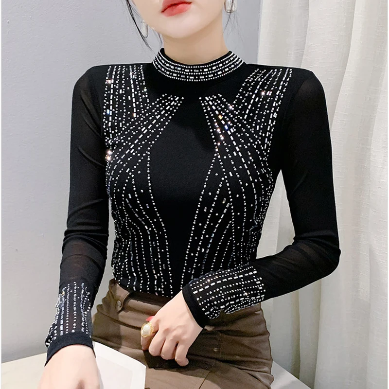 

Spring Autumn New Long Sleeve Women Tees Stand Collar Hot Diamond T Shirt Female Fashion Slim Mesh Tops