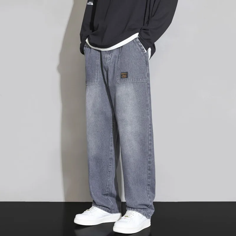 Winter Jeans Men High Street Fashion Solid Color Full Length Straight Leg Pants Korean Style High Waist Loose Streetwear Male