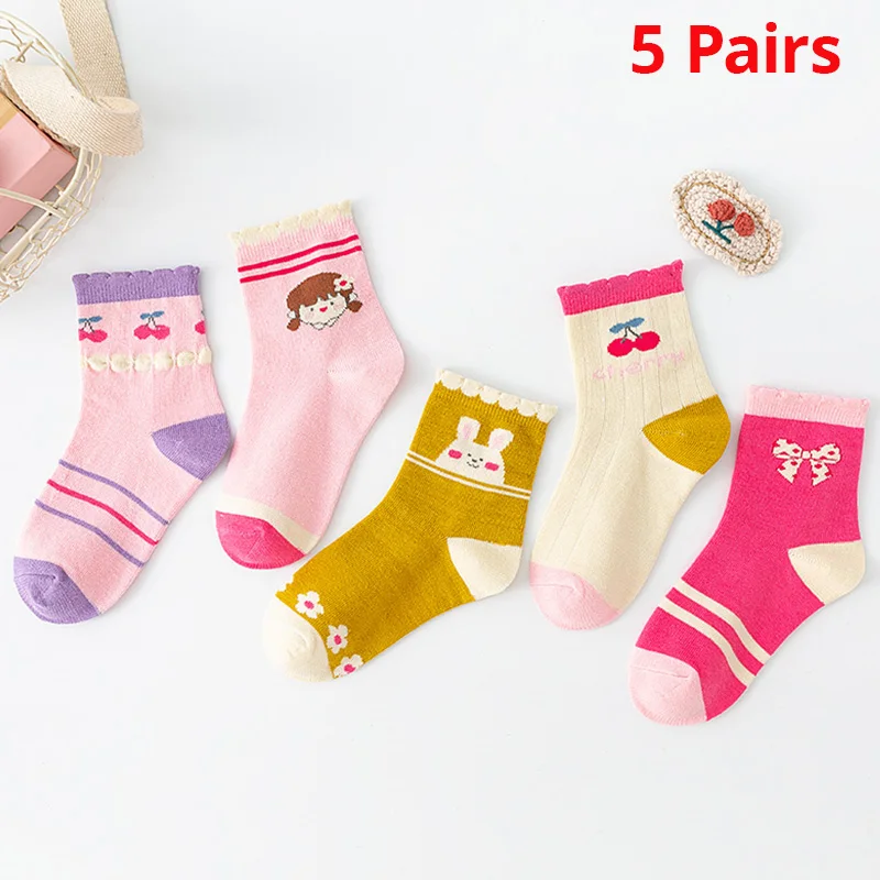 5 Pairs Lot Quality Pink Flower Carttoon Knit Warm Childrens Socks For Girls New Year Socks Kids Womens Short Socks