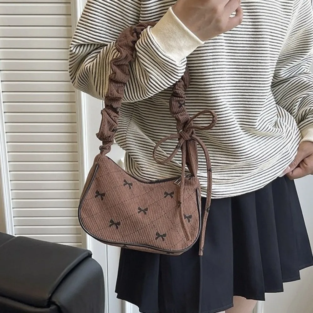 Fashionable Elegant Bowknot Underarm Bag Drawstring Corduroy Crossbody Bag Small Size All-Match Handbag Street Trend