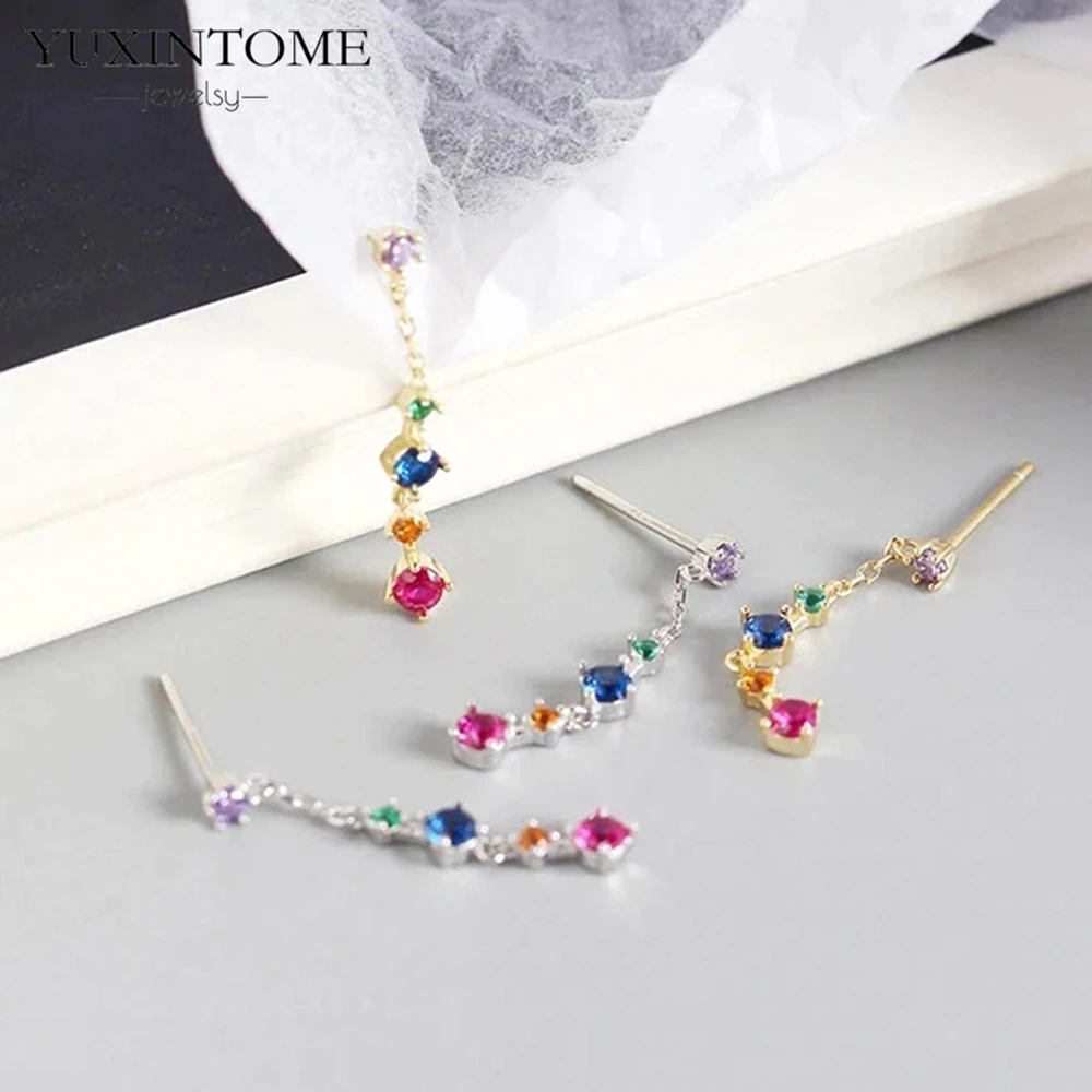 925 Sterling Silver Needle Colorful Water drop Tassel Zircon Stud Earrings for Women Wedding Party Gold Earrings Fashion Jewelry