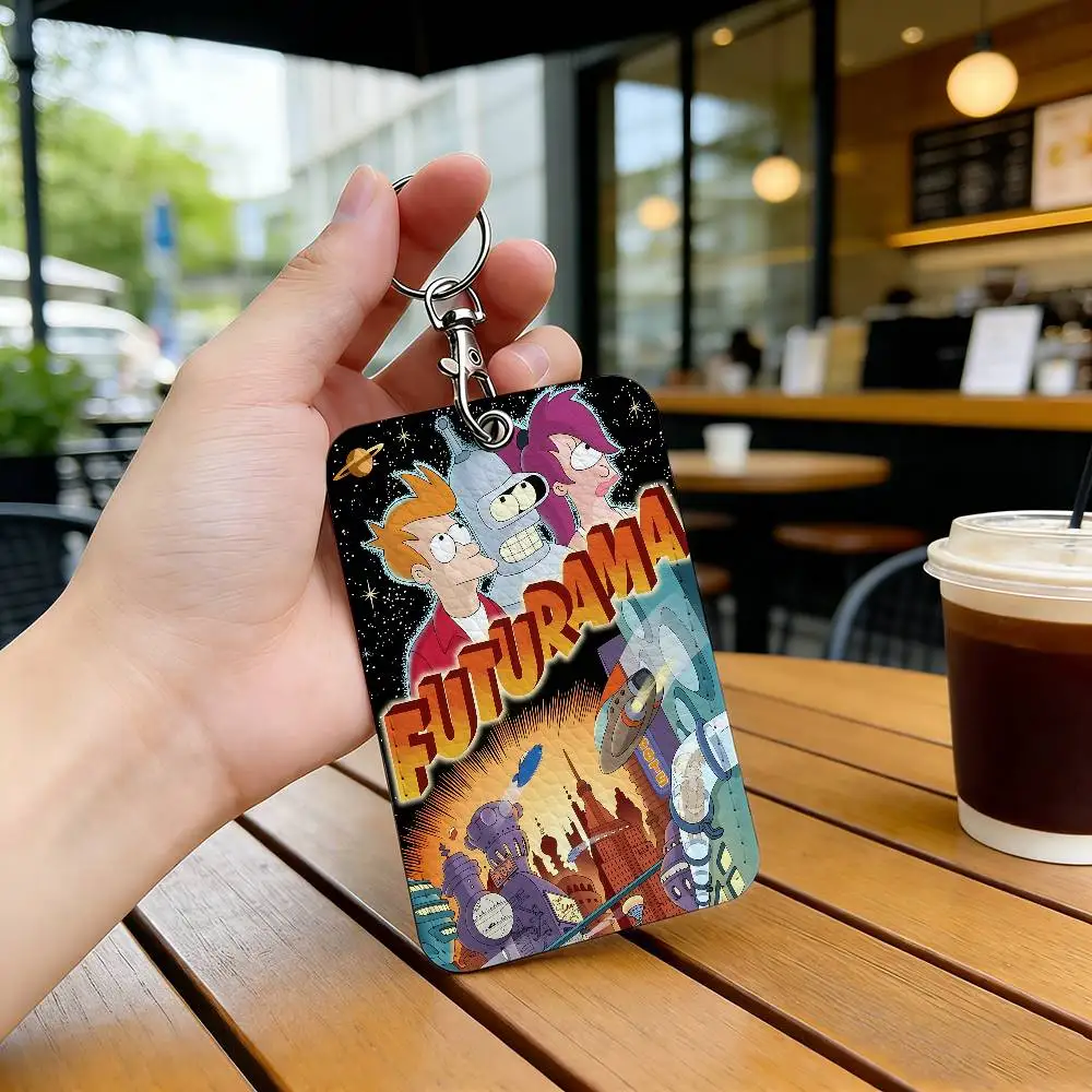Funda rectangular animada de Futurama para tarjetas de identificación, llavero, tarjetero de cuero, anillo para llaves, accesorio de acceso