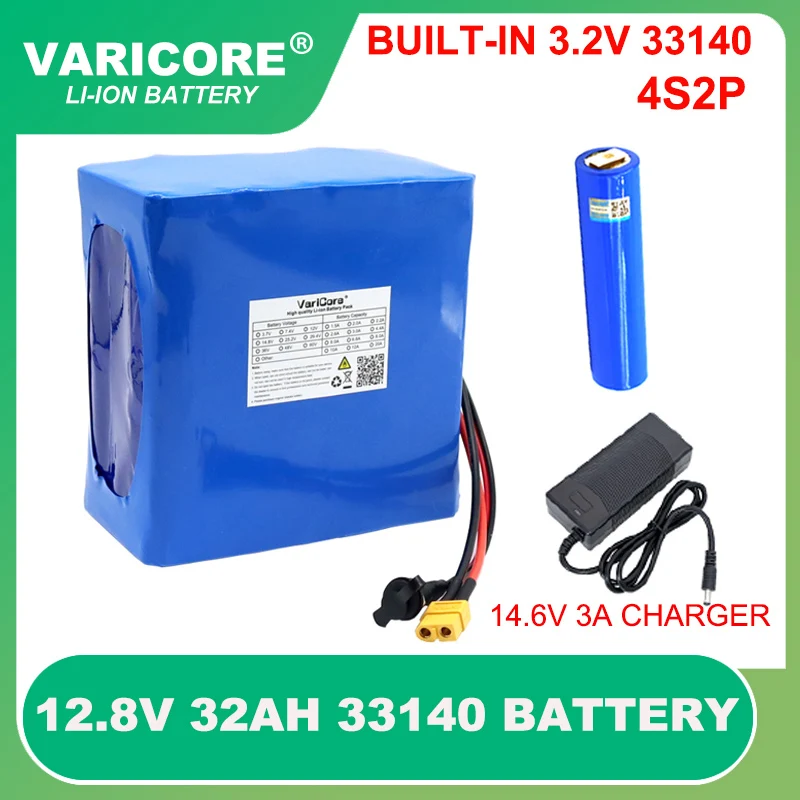 12.8V 32ah 4s2p 3.2V 33140 lifepo4 Cell with BMS 25A for Solar Battery pack +14.6v 3A Charger