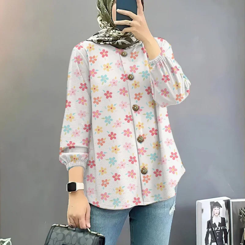 

Мусульманская блузка, элегантный стиль, белая рубашка с цветочным принтом для женщин, мусульманская блузка, подходит для лета 2025, мусульманская блузка