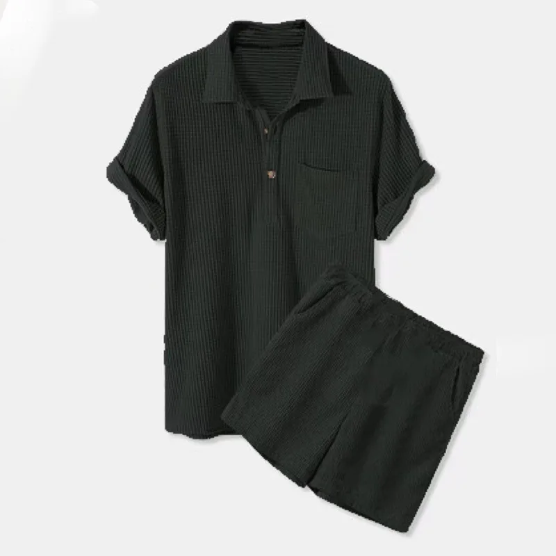 2025 New Summer Men Corduroy Shorts Set Retro Lapel Short Sleeve Shirts Shorts 2-piece Set Mens Sportswear Suits Casual Loose