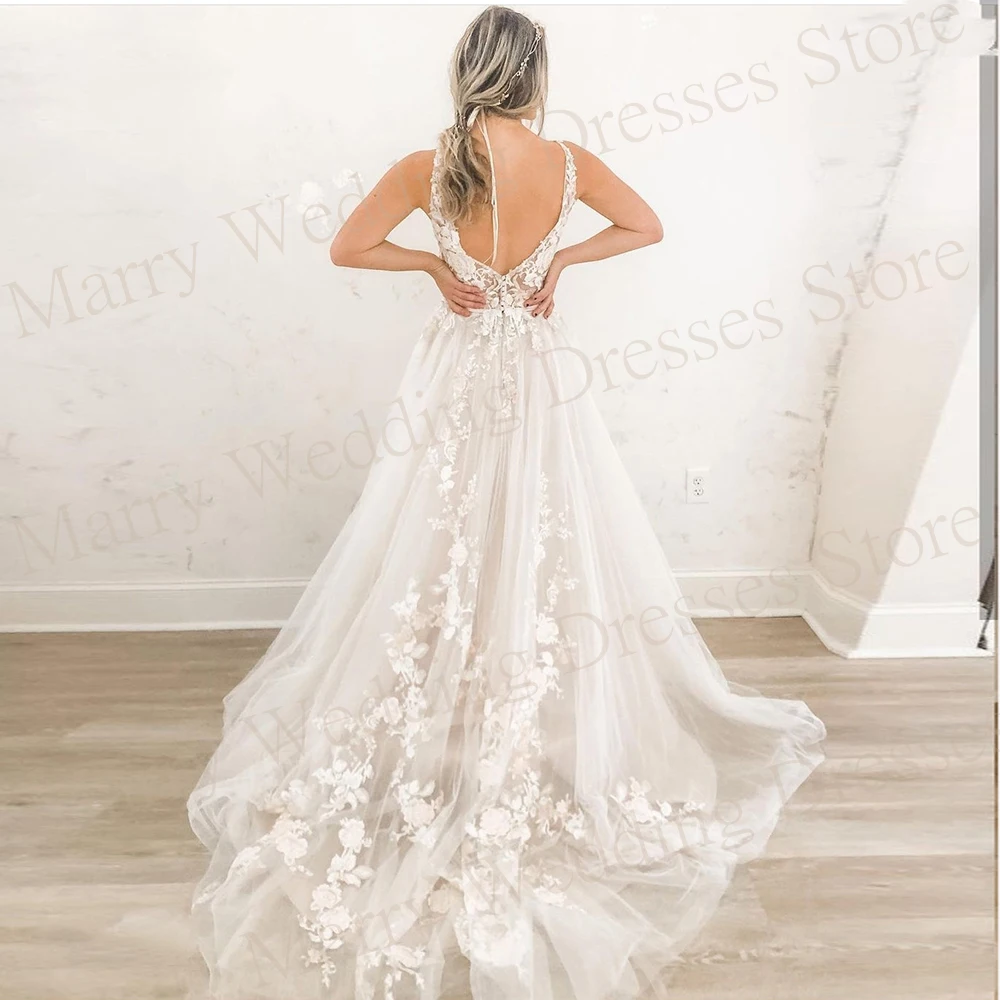 2024 elegante moderno A Line abiti da sposa da donna Sexy scollo A v profondo Appliques di pizzo abiti da sposa senza maniche Backless Tulle smileslimt