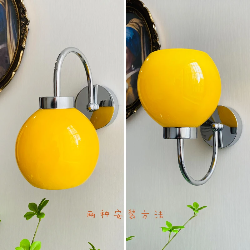 Ins Popular New Yellow White Glass Chrome Metal E27 Cute Young People  House Beside Wall Lamp Living Room Hotel Wall light