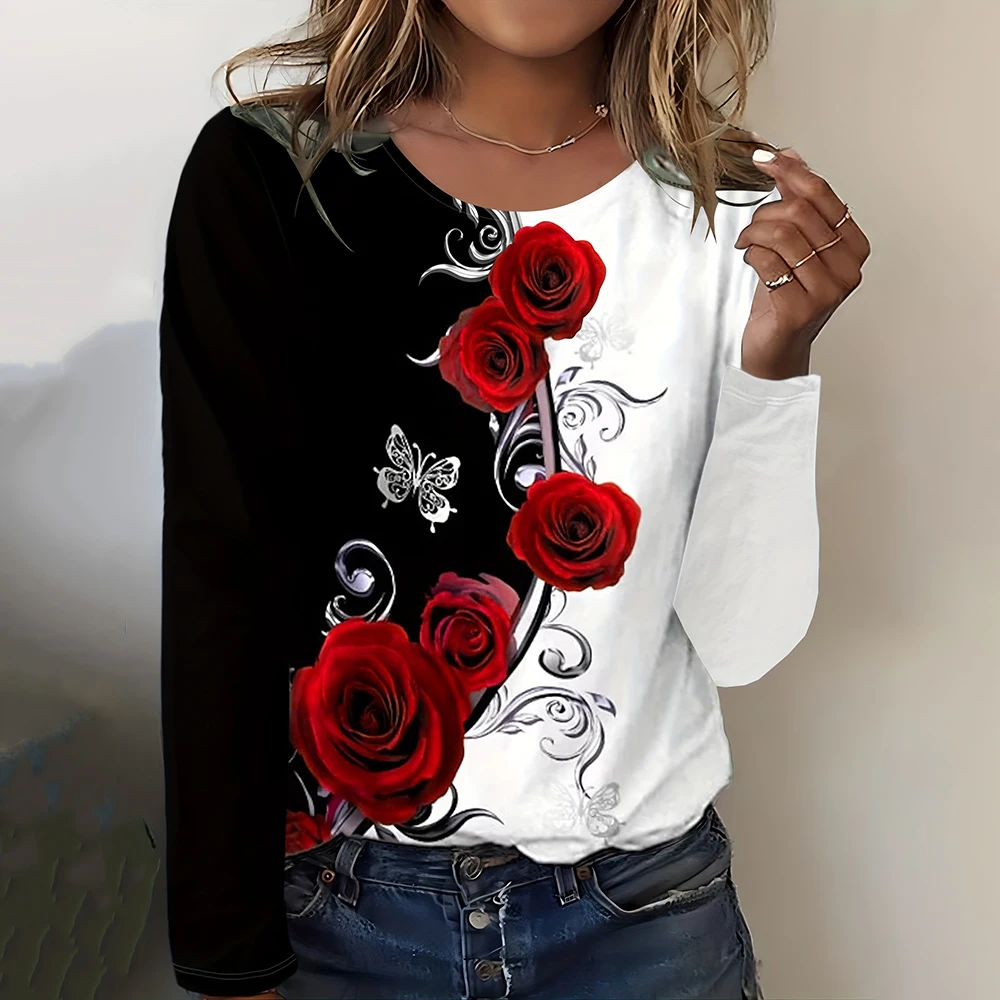 Women\'s Casual O-neck T-shirt Black and White Rose Print Long Sleeve T-shirt Loose Clothes Ladies Home Clothes Fashion Print